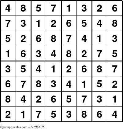 The grouppuzzles.com Answer grid for the Sudoku-8up puzzle for Friday August 29, 2025