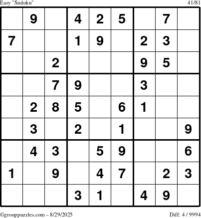 The grouppuzzles.com Easy Sudoku puzzle for Friday August 29, 2025