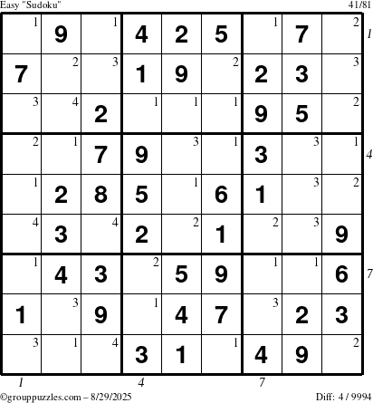 The grouppuzzles.com Easy Sudoku puzzle for Friday August 29, 2025 with all 4 steps marked