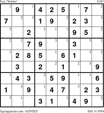 The grouppuzzles.com Easy Sudoku puzzle for Friday August 29, 2025 with the first 3 steps marked