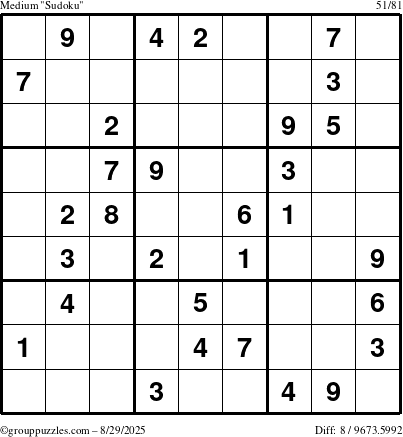 The grouppuzzles.com Medium Sudoku puzzle for Friday August 29, 2025