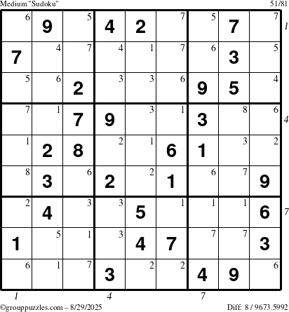 The grouppuzzles.com Medium Sudoku puzzle for Friday August 29, 2025 with all 8 steps marked