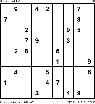 The grouppuzzles.com Difficult Sudoku puzzle for Friday August 29, 2025