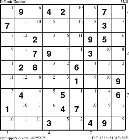 The grouppuzzles.com Difficult Sudoku puzzle for Friday August 29, 2025 with all 12 steps marked