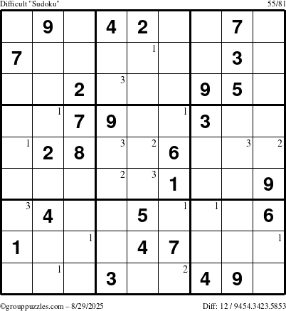 The grouppuzzles.com Difficult Sudoku puzzle for Friday August 29, 2025 with the first 3 steps marked