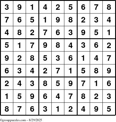 The grouppuzzles.com Answer grid for the Sudoku puzzle for Friday August 29, 2025