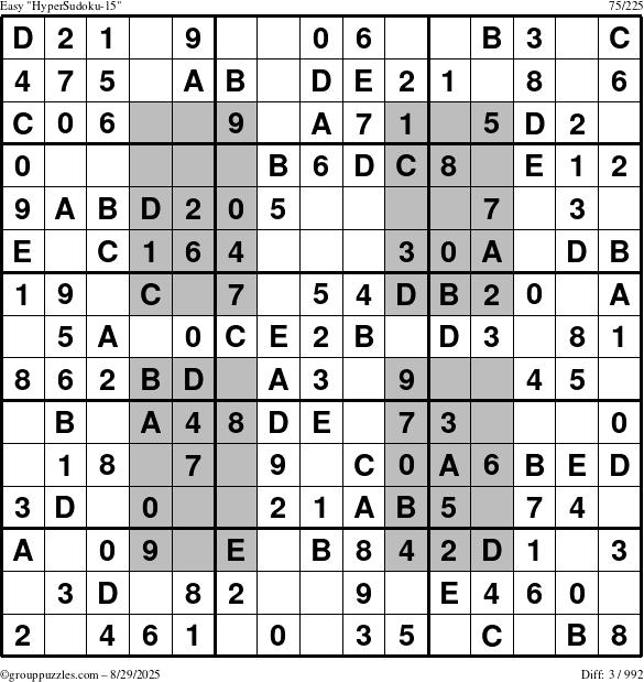 The grouppuzzles.com Easy HyperSudoku-15 puzzle for Friday August 29, 2025