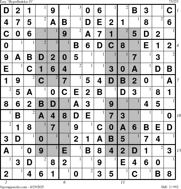 The grouppuzzles.com Easy HyperSudoku-15 puzzle for Friday August 29, 2025 with all 3 steps marked