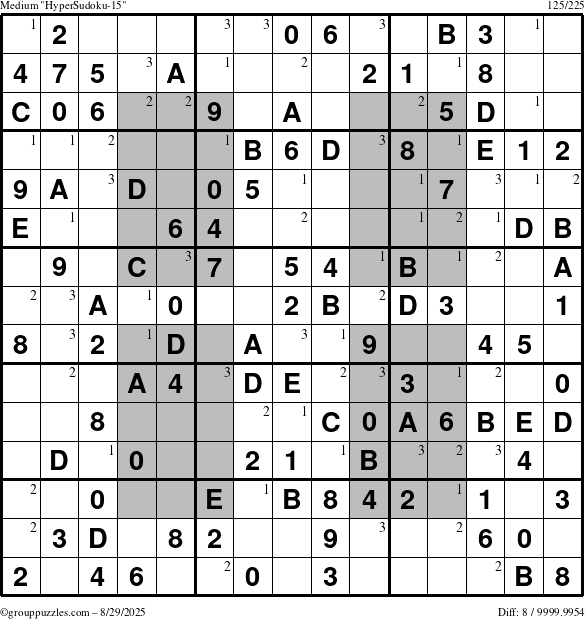 The grouppuzzles.com Medium HyperSudoku-15 puzzle for Friday August 29, 2025 with the first 3 steps marked