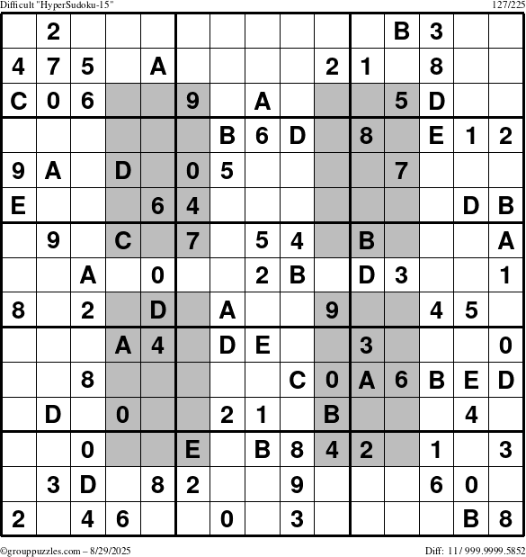 The grouppuzzles.com Difficult HyperSudoku-15 puzzle for Friday August 29, 2025