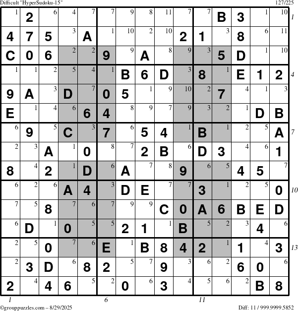 The grouppuzzles.com Difficult HyperSudoku-15 puzzle for Friday August 29, 2025 with all 11 steps marked