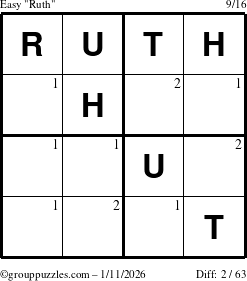 The grouppuzzles.com Easy Ruth puzzle for Sunday January 11, 2026 with the first 2 steps marked