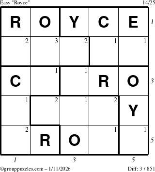 The grouppuzzles.com Easy Royce puzzle for Sunday January 11, 2026, suitable for printing, with all 3 steps marked