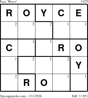 The grouppuzzles.com Easy Royce puzzle for Sunday January 11, 2026 with the first 3 steps marked
