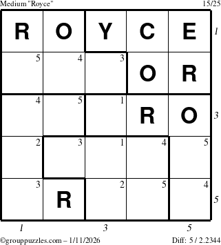 The grouppuzzles.com Medium Royce puzzle for Sunday January 11, 2026 with all 5 steps marked