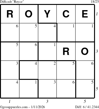 The grouppuzzles.com Difficult Royce puzzle for Sunday January 11, 2026 with all 6 steps marked
