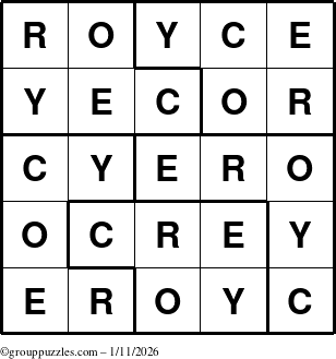 The grouppuzzles.com Answer grid for the Royce puzzle for Sunday January 11, 2026
