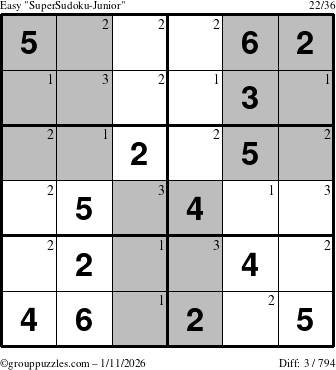 The grouppuzzles.com Easy SuperSudoku-Junior puzzle for Sunday January 11, 2026 with the first 3 steps marked