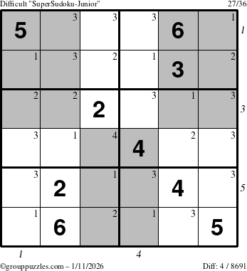 The grouppuzzles.com Difficult SuperSudoku-Junior puzzle for Sunday January 11, 2026 with all 4 steps marked