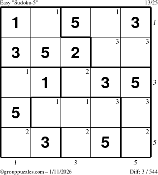 The grouppuzzles.com Easy Sudoku-5 puzzle for Sunday January 11, 2026 with all 3 steps marked