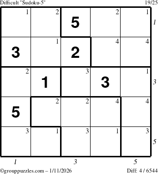 The grouppuzzles.com Difficult Sudoku-5 puzzle for Sunday January 11, 2026, suitable for printing, with all 4 steps marked