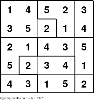The grouppuzzles.com Answer grid for the Sudoku-5 puzzle for Sunday January 11, 2026