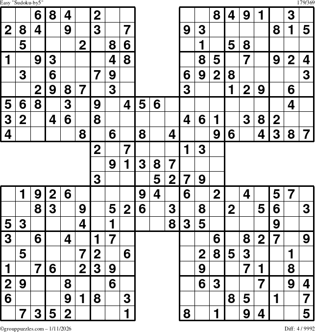 The grouppuzzles.com Easy Sudoku-by5 puzzle for Sunday January 11, 2026
