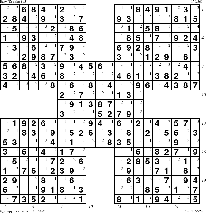 The grouppuzzles.com Easy Sudoku-by5 puzzle for Sunday January 11, 2026 with all 4 steps marked