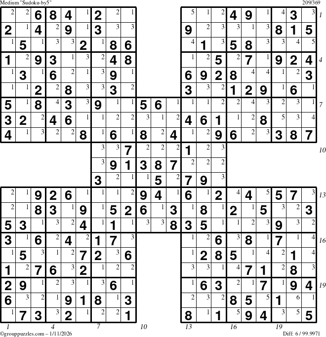 The grouppuzzles.com Medium Sudoku-by5 puzzle for Sunday January 11, 2026, suitable for printing, with all 6 steps marked