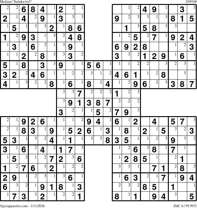 The grouppuzzles.com Medium Sudoku-by5 puzzle for Sunday January 11, 2026 with the first 3 steps marked