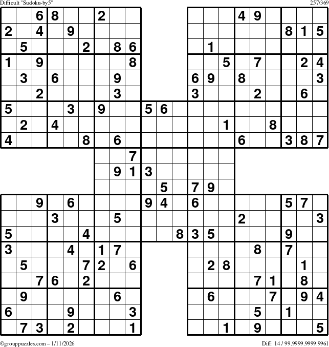 The grouppuzzles.com Difficult Sudoku-by5 puzzle for Sunday January 11, 2026