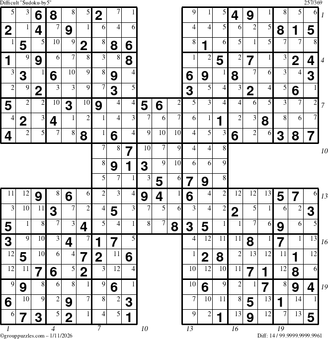 The grouppuzzles.com Difficult Sudoku-by5 puzzle for Sunday January 11, 2026, suitable for printing, with all 14 steps marked