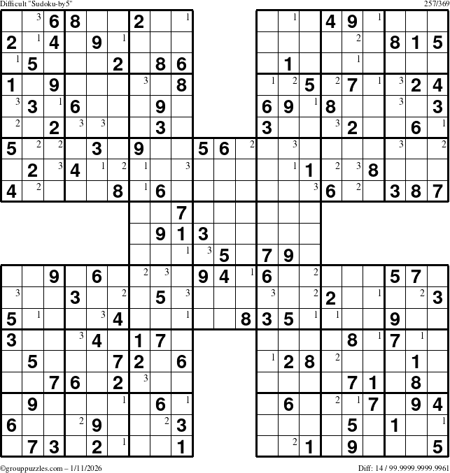 The grouppuzzles.com Difficult Sudoku-by5 puzzle for Sunday January 11, 2026 with the first 3 steps marked