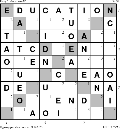 The grouppuzzles.com Easy Education-X puzzle for Sunday January 11, 2026, suitable for printing, with all 3 steps marked