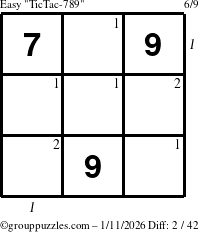 The grouppuzzles.com Easy TicTac-789 puzzle for Sunday January 11, 2026, suitable for printing, with all 2 steps marked