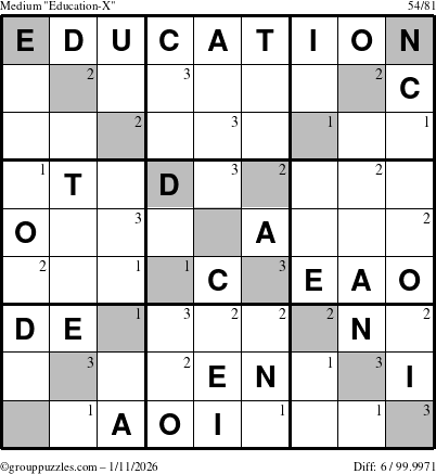 The grouppuzzles.com Medium Education-X puzzle for Sunday January 11, 2026 with the first 3 steps marked