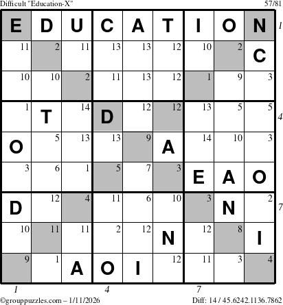 The grouppuzzles.com Difficult Education-X puzzle for Sunday January 11, 2026 with all 14 steps marked