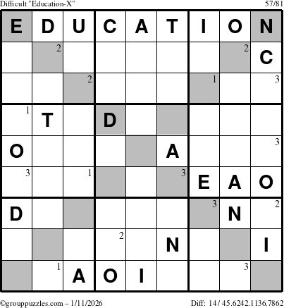 The grouppuzzles.com Difficult Education-X puzzle for Sunday January 11, 2026 with the first 3 steps marked