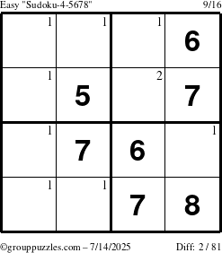 The grouppuzzles.com Easy Sudoku-4-5678 puzzle for Monday July 14, 2025 with the first 2 steps marked