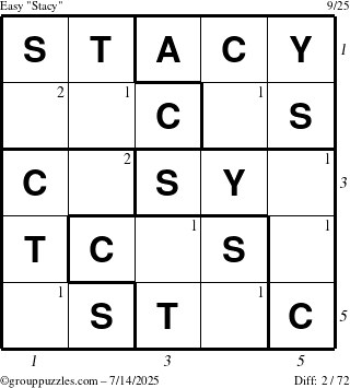 The grouppuzzles.com Easy Stacy puzzle for Monday July 14, 2025, suitable for printing, with all 2 steps marked