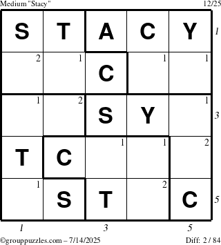 The grouppuzzles.com Medium Stacy puzzle for Monday July 14, 2025 with all 2 steps marked