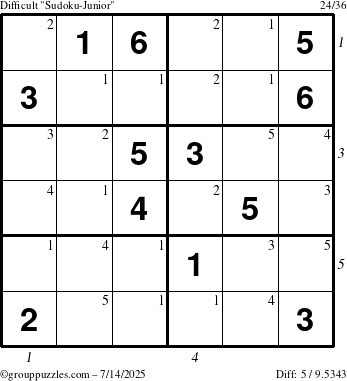 The grouppuzzles.com Difficult Sudoku-Junior puzzle for Monday July 14, 2025, suitable for printing, with all 5 steps marked