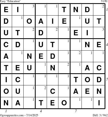 The grouppuzzles.com Easy Education-c1 puzzle for Monday July 14, 2025, suitable for printing, with all 3 steps marked