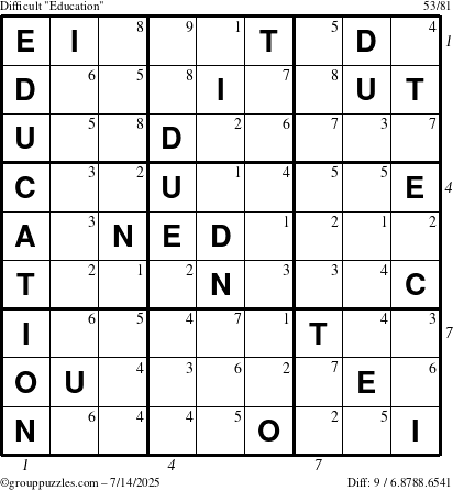 The grouppuzzles.com Difficult Education-c1 puzzle for Monday July 14, 2025 with all 9 steps marked