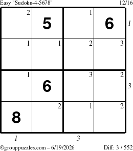 The grouppuzzles.com Easy Sudoku-4-5678 puzzle for Friday June 19, 2026 with all 3 steps marked