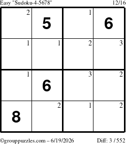 The grouppuzzles.com Easy Sudoku-4-5678 puzzle for Friday June 19, 2026 with the first 3 steps marked