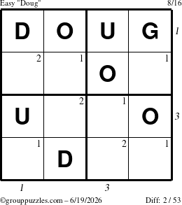 The grouppuzzles.com Easy Doug puzzle for Friday June 19, 2026 with all 2 steps marked