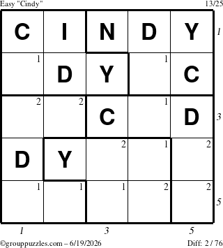 The grouppuzzles.com Easy Cindy puzzle for Friday June 19, 2026, suitable for printing, with all 2 steps marked