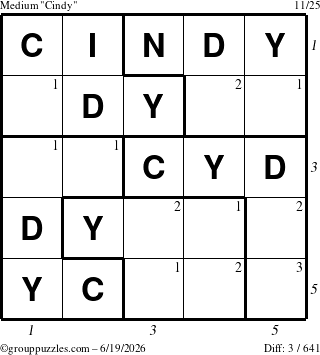 The grouppuzzles.com Medium Cindy puzzle for Friday June 19, 2026 with all 3 steps marked