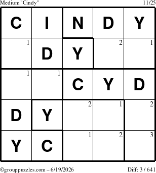 The grouppuzzles.com Medium Cindy puzzle for Friday June 19, 2026 with the first 3 steps marked